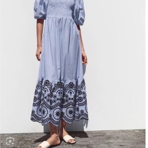 Zara Blue Midi Dress with Navy Embroidery